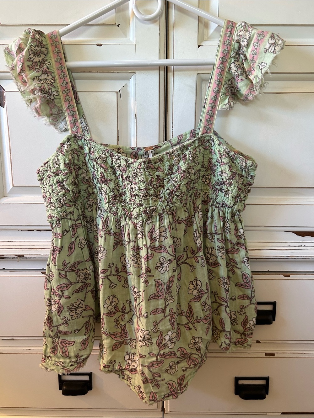 Free People Pastel Green Floral Smocked Cami with Pink Trim